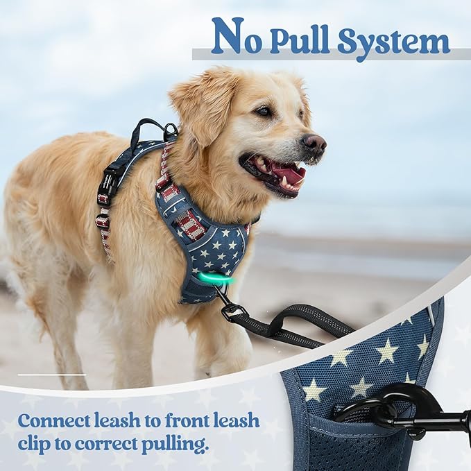 rabbitgoo Dog Harness No Pull with 2 Leash Clips, Adjustable Soft Padded, Reflective Oxford No Choke Pet Vest with Easy Control Handle for Large Dogs, Blue Star, S