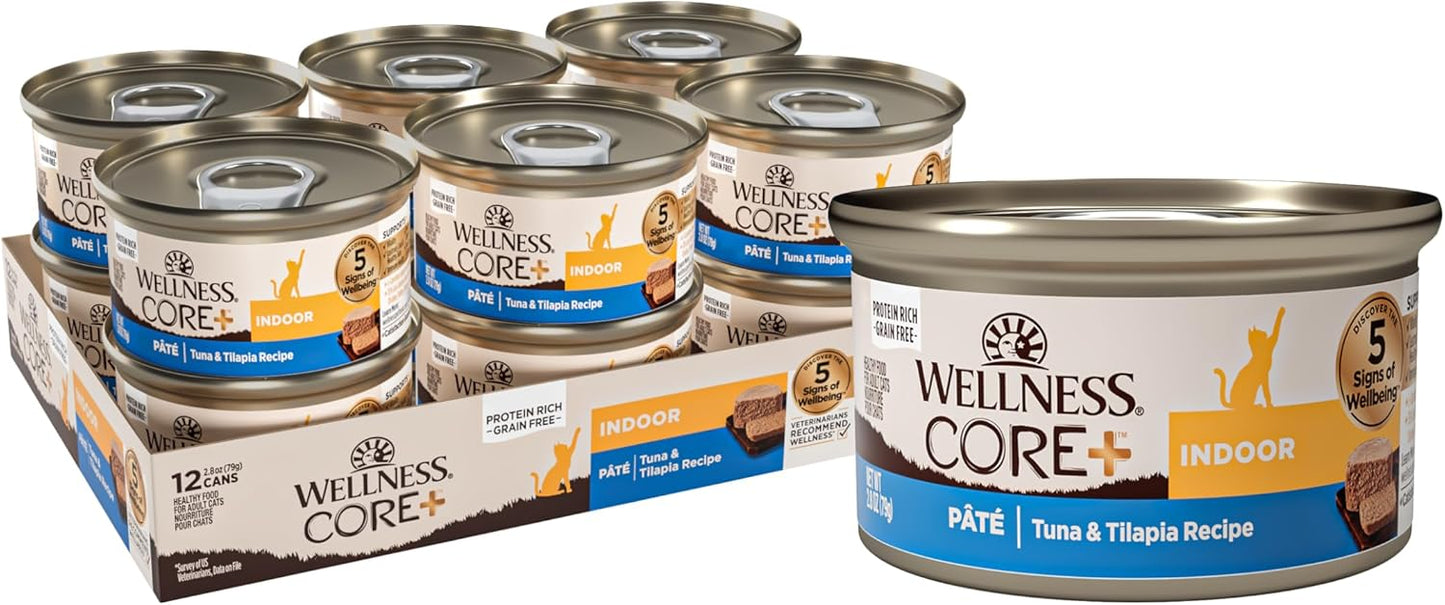 Wellness CORE+ Indoor Pate Adult Wet Cat Food, Natural, Protein-Rich, Grain Free, 2.8 Ounce, 12 Pack (Tuna & Tilapia)