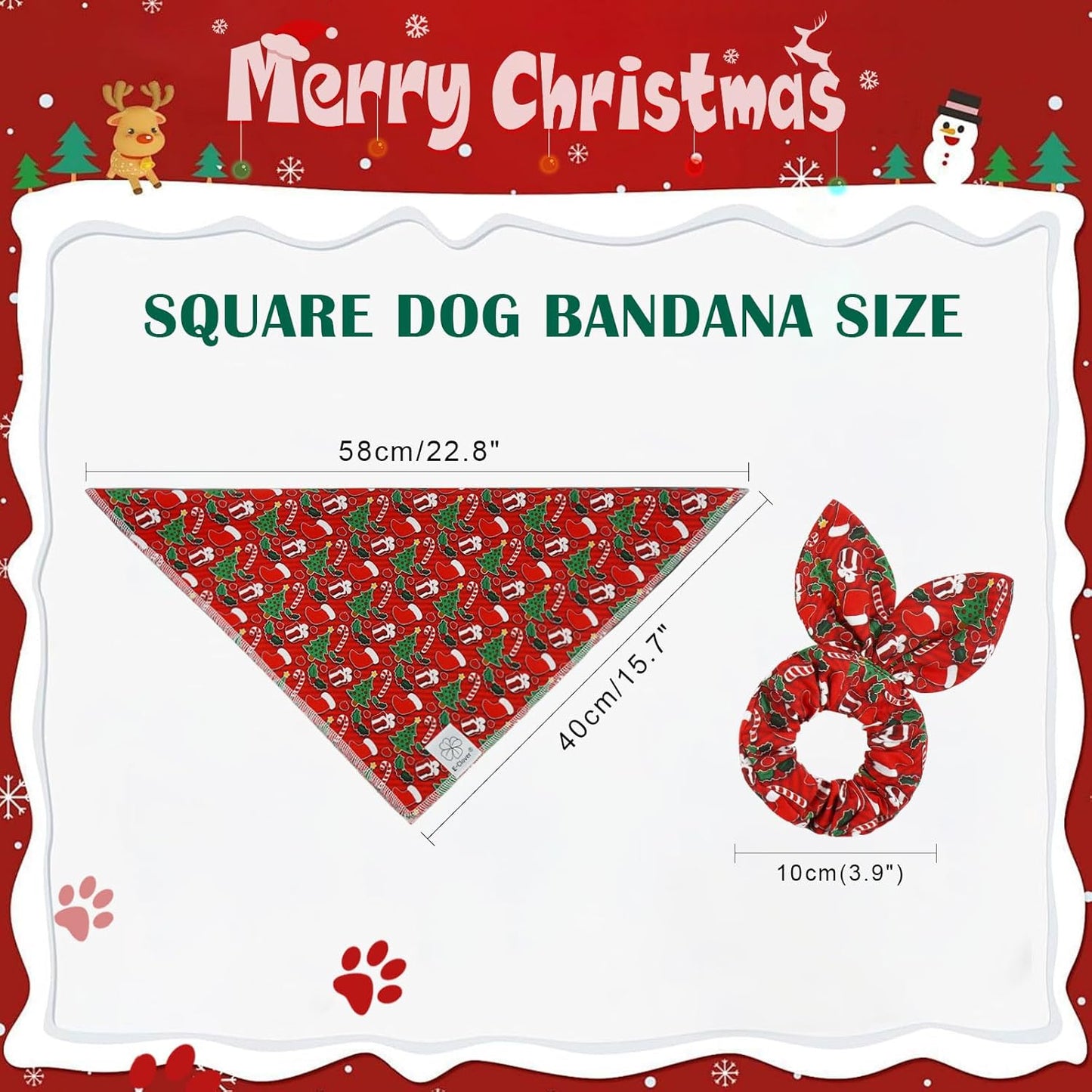E-Clover Christmas Dog Bandanas & Matching Scrunchie Set Green Red Dog Scarf Bibs Pet Bandana with Bow Tie for Small Dogs Puppy Owner Mom Winter