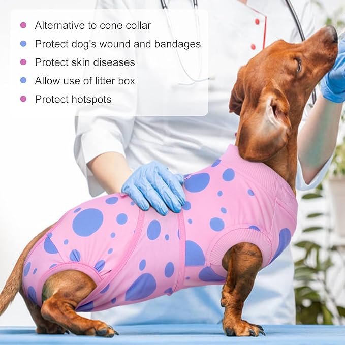 Kuoser Dog Surgery Recovery Suit, Anti Licking Pet Surgical Suit for Dogs Male Neuter, Female Dog Surgery Suit for Spay Subsititute E-Collar Cone, Dogs Body Suits After Surgery Pink Polka Dot 2XL