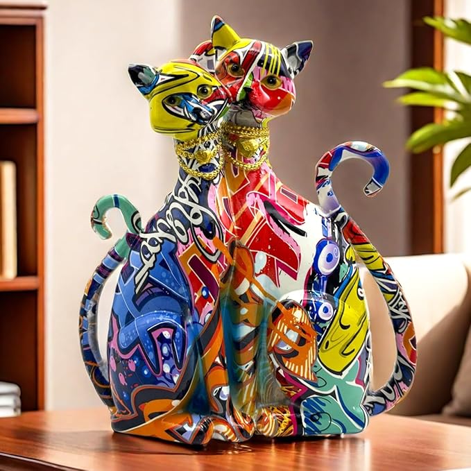 Colorful Cat Couple Lover Art Statue Figurine Sculpture, Cats Gifts for Cat Lover, Office Home Decor, Desk Accessories