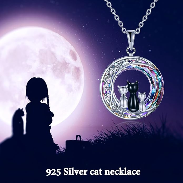 MONGAS Cat Necklace Sterling Silver Sister Pendant Necklace Black Cats Jewelry Gifts Cat Lover Woman Sisters