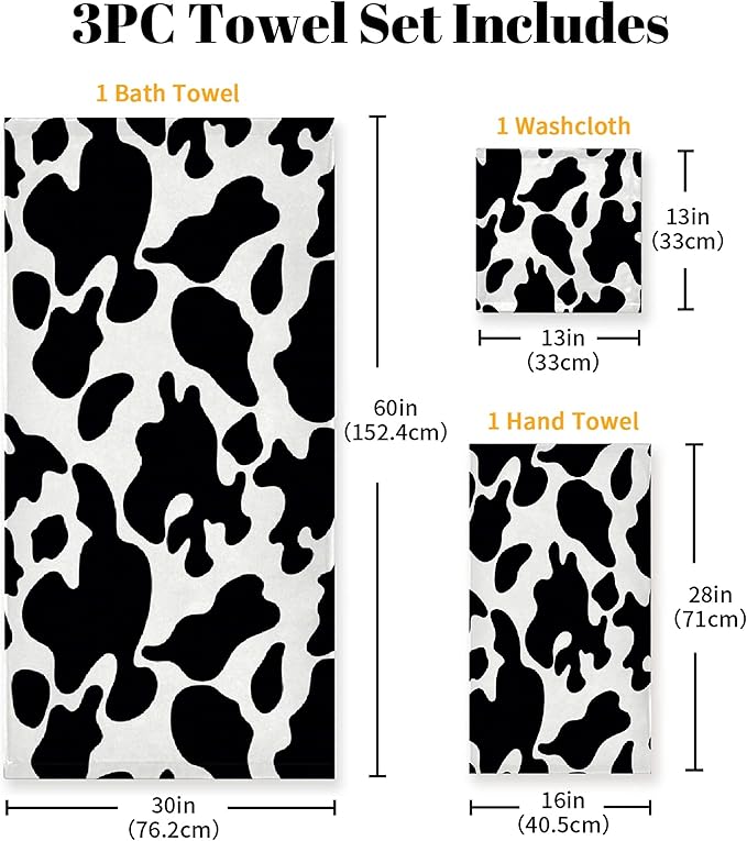 Cow 3 Piece Towel Bathroom Sets, 1 Bath Towel, 1 Washcloth, 1 Hand Towel, Cotton Fast Dry Soft Absorbent Towel Set for Home Kitchen Family