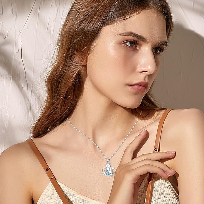 Odinstone Cat Necklace, S925 Sterling Silver Cat on Moon Pendant with Cubic Zirconia, Cat Jewelry Mothers Day Gifts for Mum with Gift Package - I Love You Forever