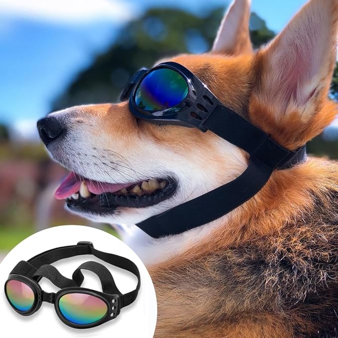 QUMY Dog Sunglasses Dog Goggles for Medium Large Breed Dogs, Wind Dust Fog Protection Eye Wear Pet Glasses with Adjustable Strap for Motorcycle Car Driving Bike Riding Hiking Swimming Over 15lbs Black