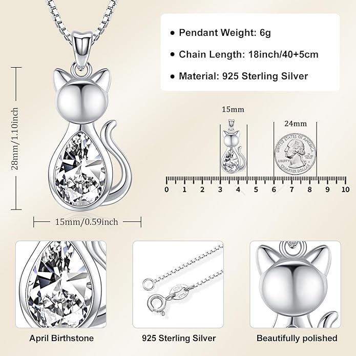 Odinstone Cat Birthstone Necklaces Jewelry Sterling Silver Cat Pendant Necklace Gift for Women Gifts, 18'' Silver Box Chain Women's Birthstone Crystal Cat Jewelry Gifts