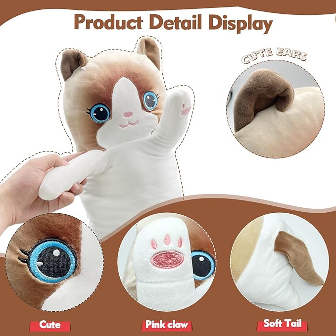 Long Cat Plush Pillow, 27.6in Cute White Cat Plushie Stuffed Animals Body Pillow, Kawaii Kitten Soft Plushie Doll Toy Birthday Gift for Kids Girlfriend