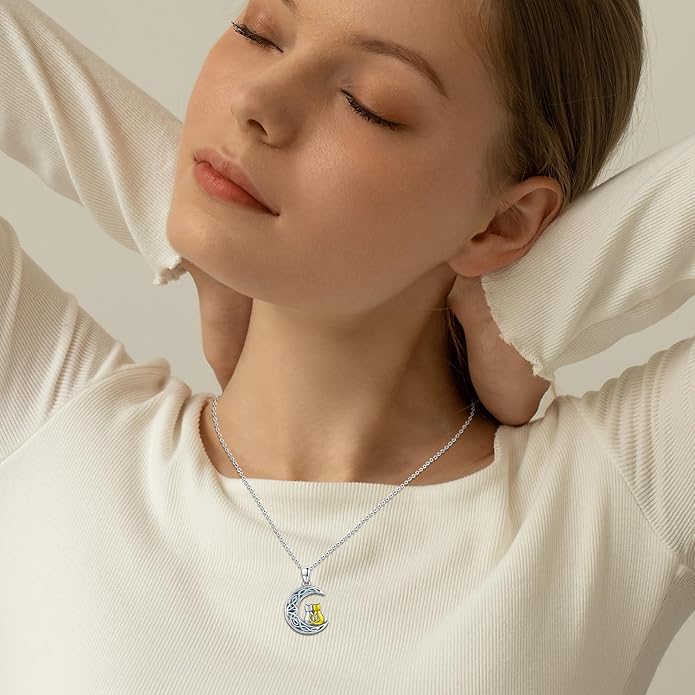 Odinstone Cat Necklace, S925 Sterling Silver Cat on Moon Pendant with Cubic Zirconia, Cat Jewelry Mothers Day Gifts for Mum with Gift Package - I Love You Forever
