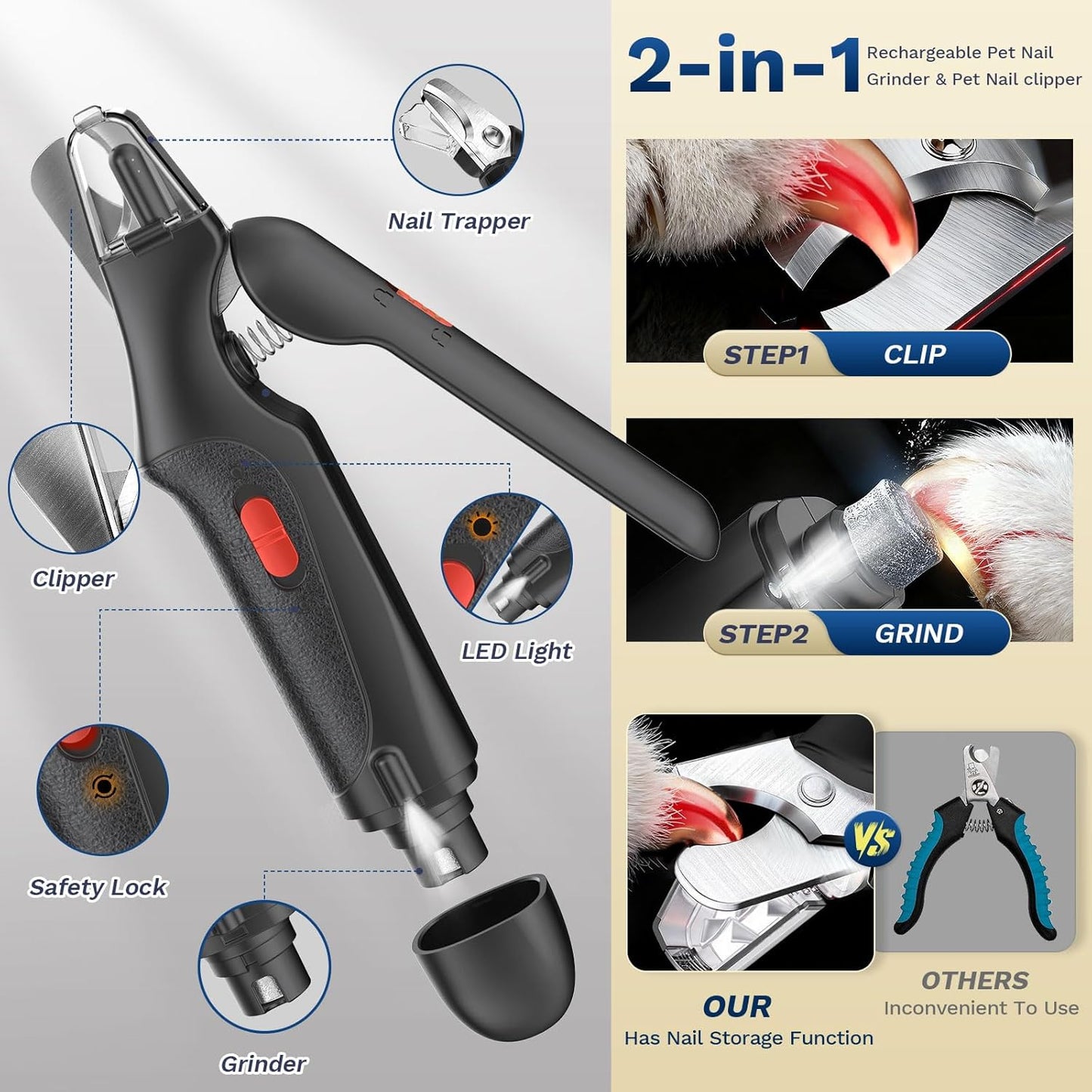 2 in 1 Dog Nail Clippers & Cat Nail Clippers Trimmers for Large Medium Small Dogs Cats Claw Trimmer Quick Sensor and Safety Guard USB Rechargeable Dogs Nail Trimmer with Catcher & 2 LED Lights