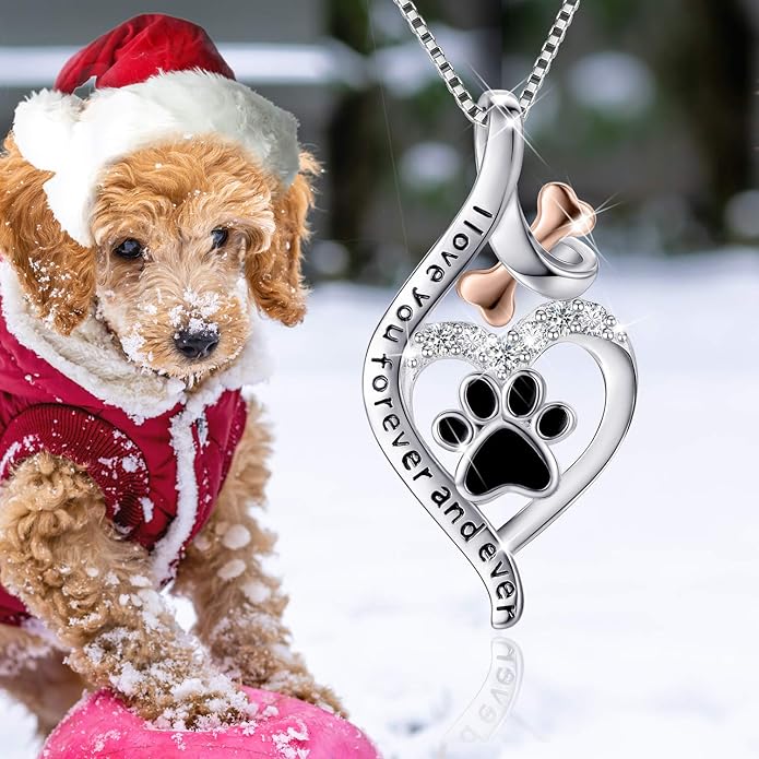 VANLAMS Womens 925 Sterling Silver Bone Love Heart Dog Paw Print Pendant Necklace I Love You Forever and Ever, Gifts for Dog Owner
