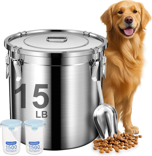 Dog Food Storage Containers, Large Stainless Steel Pet Food Storage Containers 15 lb / 6.5 kg to Keep Fresh, Metal Airtight Cat Food Containers With Scoop and 2 Small Containers