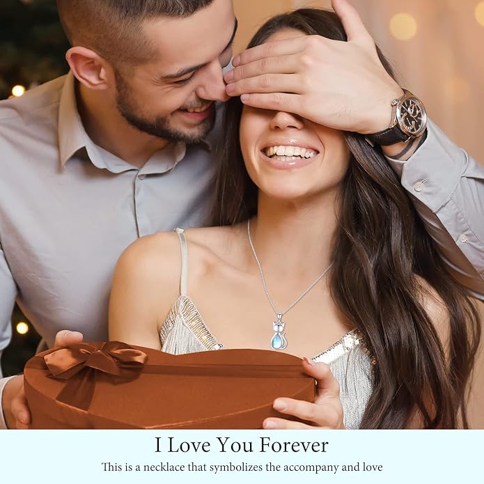 Odinstone Cat Birthstone Necklaces Jewelry Sterling Silver Cat Pendant Necklace Gift for Women Gifts, 18'' Silver Box Chain Women's Birthstone Crystal Cat Jewelry Gifts