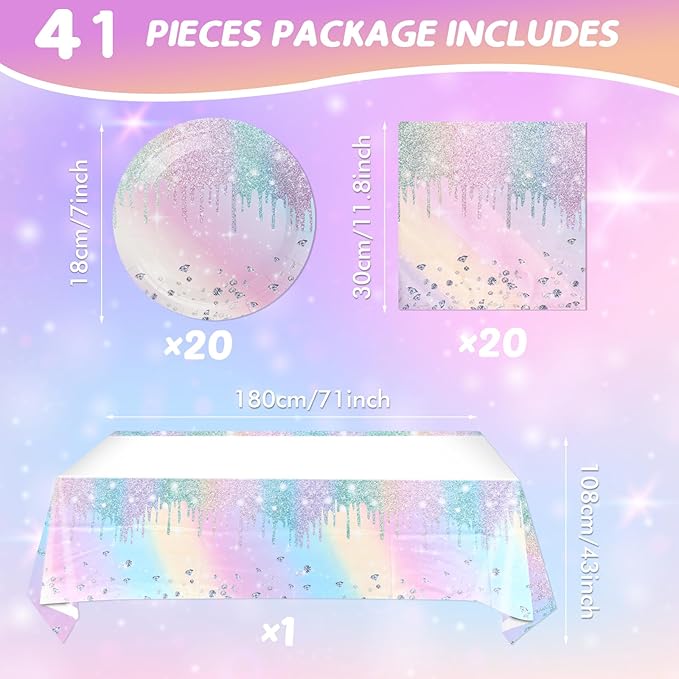 Iridescent Diamond Birthday Party Supplies Decorations, Disposable Holographic Paper Tableware Includes 20 Plates 20 Napkins and 1 Tablecloth for Girls Kids Birthday Theme Party, Serve 20