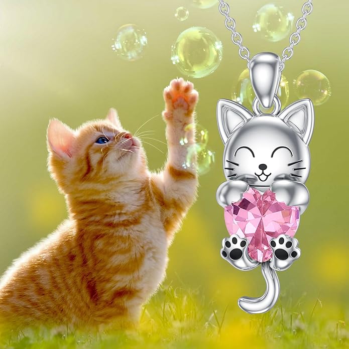 LONAGO Cat Necklace with Heart Birthstone Cat Pendant Necklace Sterling Silver Gifts for Women