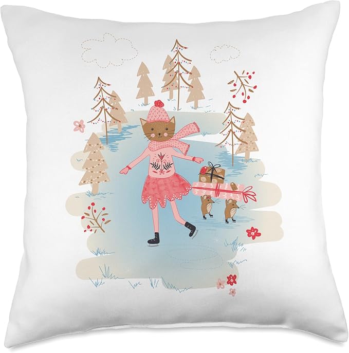 Ice Skating Figure Skating Cute Kitty Cat Women Girls Teens Throw Pillow