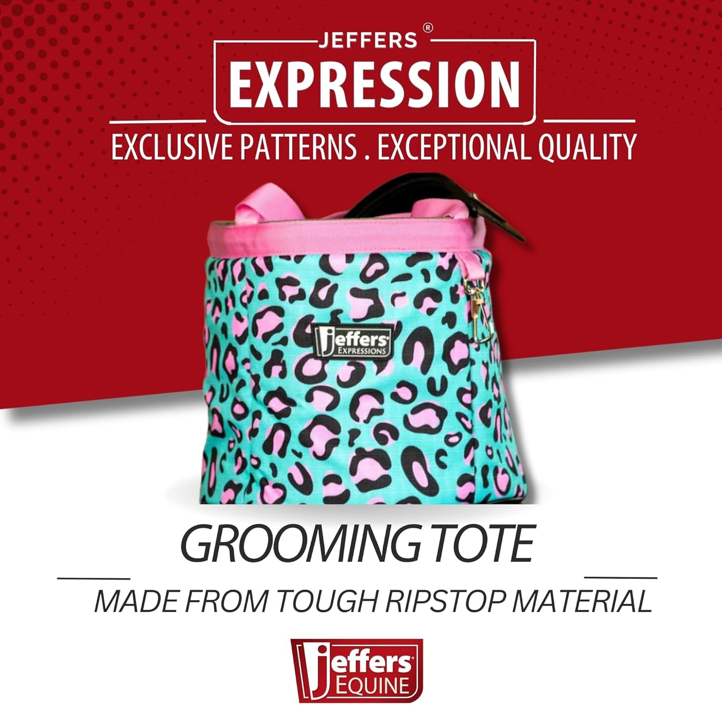 Jeffers Expression Grooming Tote Caddy, Party Cheetah - Durable Ripstop Organizer with Pockets for Horse Grooming Tools - Easy Carry Nylon Straps, Compact Storage for Stable, Travel & Equine Supplies