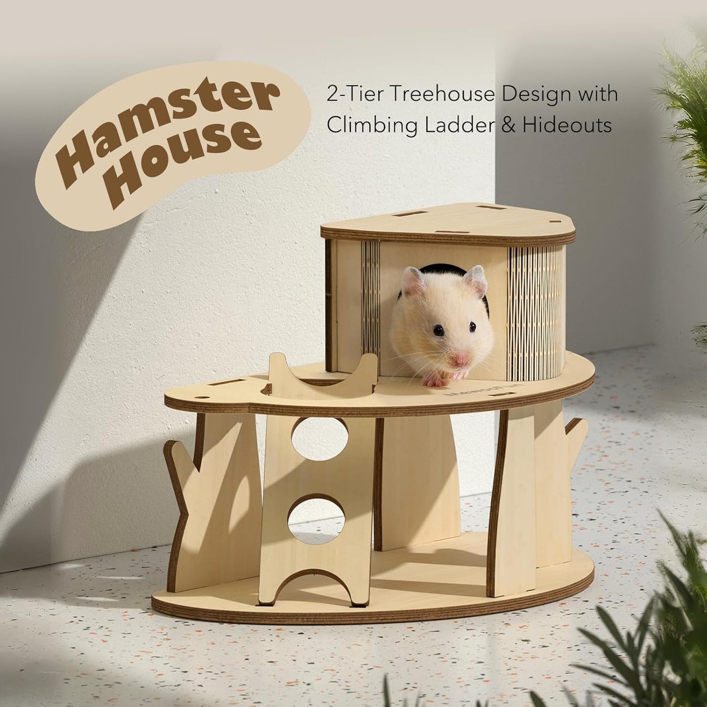 Wooden Hamster House with Ladder, 2-Tier Tree House Design Hamster Hideout Cage Accessories for Dwarf Gerbil Mouse