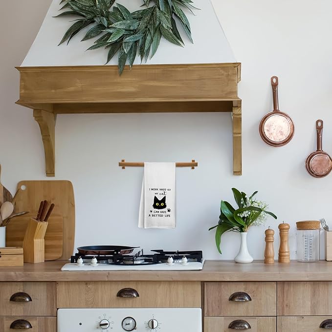 I Work Hard so My Cat Have Better Life Kitchen Towels, Funny Black Cat Dish Towels, Cat Gifts for Cat Lovers, Gifts for Cat Lovers, Cat Hand Dish Tea Towels for Kitchen Bathroom, 16x24 Inch