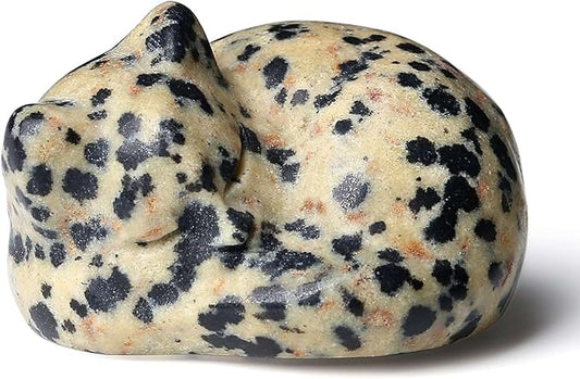 LAIDANLA Dalmation Spot Jasper Cat Healing Crystals Figurine Sleeping Cat Hand Carved Cute Statue Polished Stone Sculpture Reiki Office Room Bedroom Desk Home Decoration Gifts 1.6"