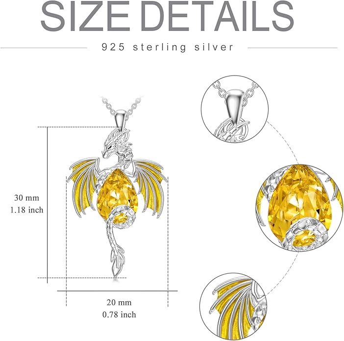 Dragon Necklace for Men Sterling Silver Birthstone Wyvern Necklace Embllished with Teardrop Shaped Crystal Jewelry for Women