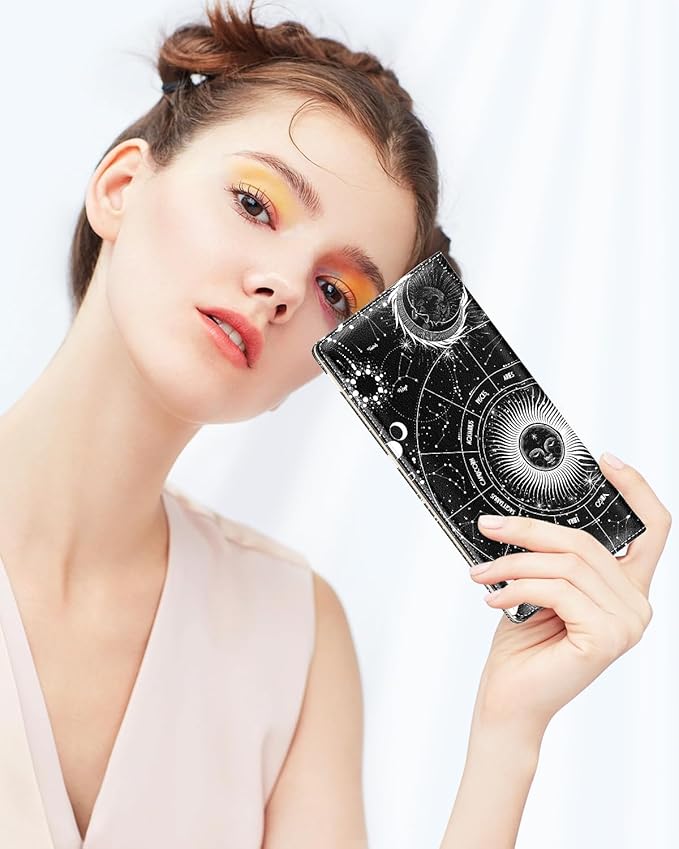 Nipichsha Womens Wallet, RFID Slim Wallets for Women, Thin Ladies Credit Card Holder Purse, Cute Leather Bifold Clutch Billfold with 11 Card Slots & ID Window, Sun Moon