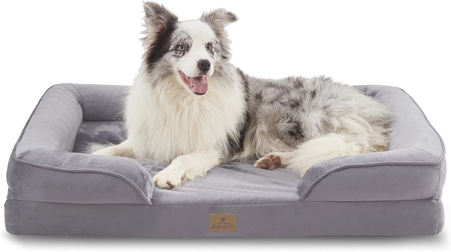 Bedfolks Orthopedic Dog Bed, Big Waterproof Dog Sofa Bed for Large Dogs, Egg Foam Pet Couch Bed with Removable Washable Cover and Nonslip Bottom, Light Grey