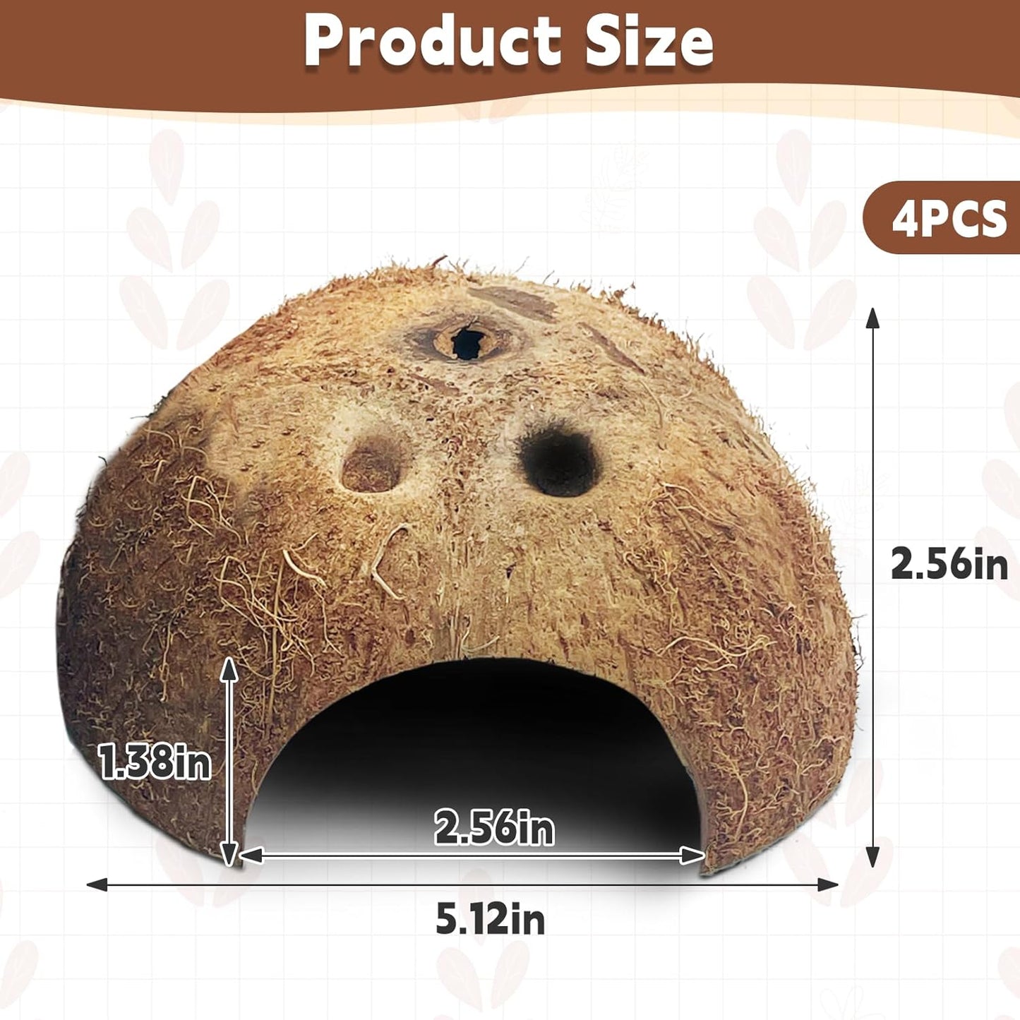 PINVNBY Natural Coconut Reptile Hideouts Lizard, Coco Hut Hermit Crab Hut Aquarium Fish Hide Cave for Small Reptile Crested Gecko Leopard Gecko Spider Snail Climber Toys (4 PCS Natural Surface)