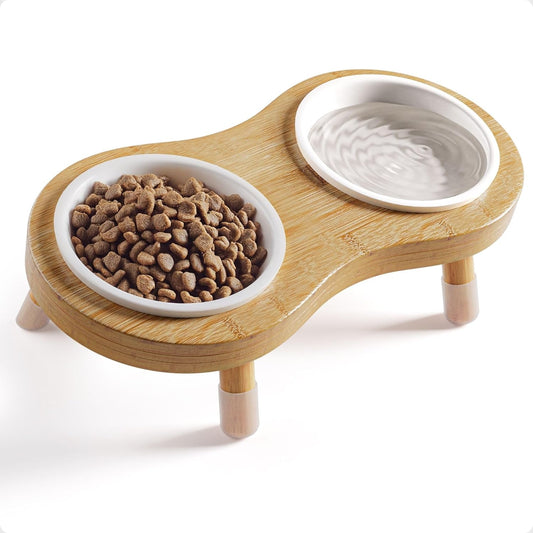 Elevated Cat Bowls - Set of 2 Ceramic Pet Food Bowls with Anti-Slip Bamboo Stand - 15 Degree Titled - Raised Dog Bowl for Small Dogs - Raised Cat Bowl Stand - Pet Feeding Station for Cats & Small Dogs