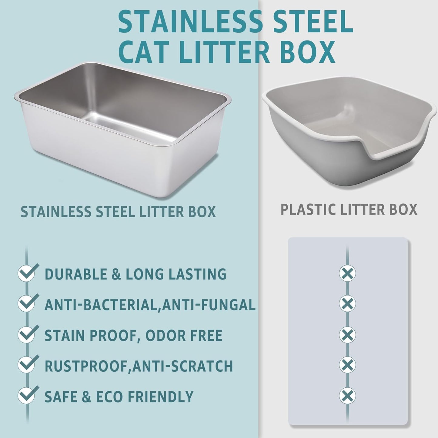 Stainless Steel Litter Box -6in High Side,Metal Litter Box for Cat/Kitty/Rabbits 17" L x 13.8" W x 6" H，Stainless Steel Cat LitterBox-Metal PanToilet,No Smell, Non Stick, Easy Clean.