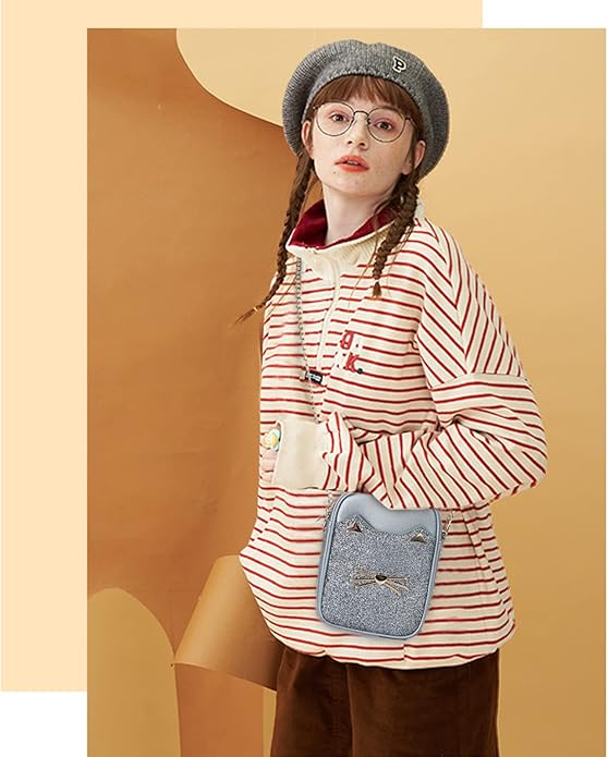 Cute Crossbody Purse for Teen Girls Sparkly Cat Purse and Small Crossbody Bags for Women Gift with Chain Strap