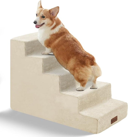 GGIB Dog Stairs for Small Dogs Pet Stairs for Sofa Couch Dog Ramp Pet Steps with Removable Washable Cover, Beige, 22" H, 5-Step