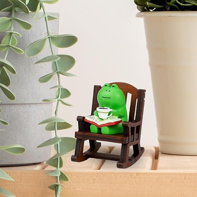 Cute Mini Frog Figurine with Small Sofa Resin Figure for Office Home Decor for Frog Lovers (Rocking Chair)