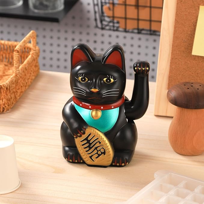Maneki Neko Lucky Cat,Fengshui Cat- Waving Arm Battery Operated for Fortune Money and Good Luck (Black, 6 in)