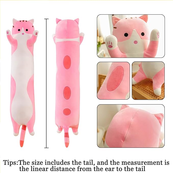 Long Cat Plush Pillow Soft Cat Hugging Pillow Stuffed Animal Pillow Cute Kitty Throw Pillow Gift for Boys Girls(150cm/59.05inch,Pink