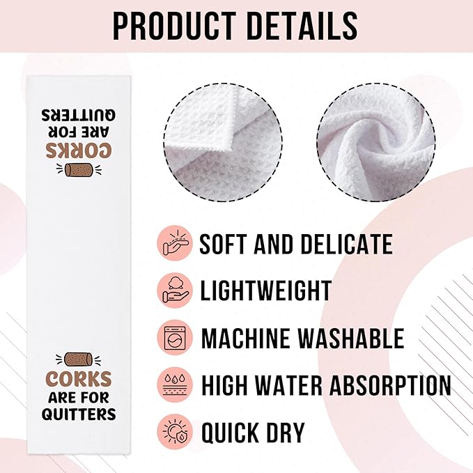 Funny Wine Kitchen Towels, Corks are for Quitters Dishcloths, Wine Lovers Gifts, Bar Decorative Towels for Bartenders, Cute Kitchen Gifts for Women Hostess Housewife Friend Bartenders