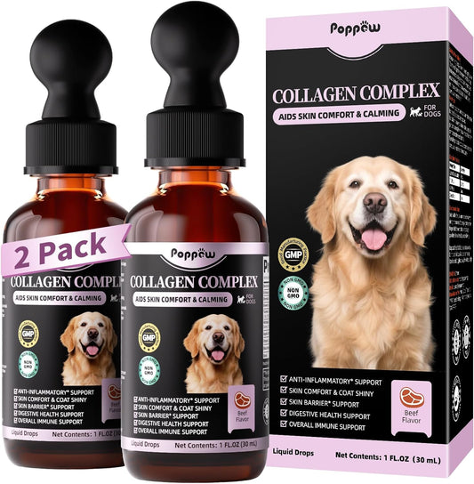 Liquid Collagen for Dogs Skin Comfort & Calming, Dog Itch Relief & Anti-Scratching & Coat Supplement with Biotin for Skin Barrier & Sensitive Immune Health Support - Beef Flavor, 2 FL.Oz