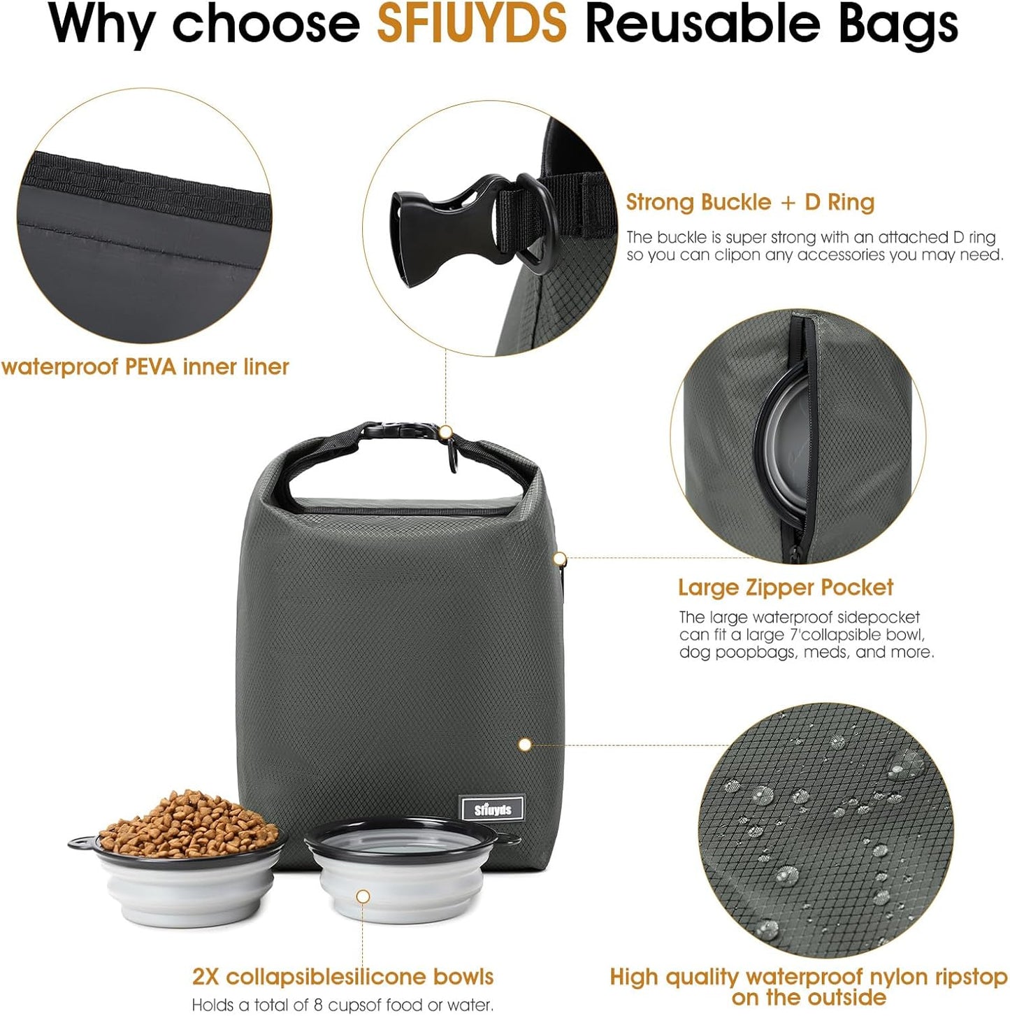 Waterproof Pet Food Storage Bag,Dog Food Container 20 lb w/2PCS Collapsible Dog Travel Bowls and Zipper Side Pocket(Gray, Large)