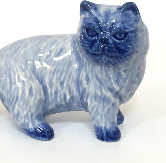 Ceramic Persian cat Figurine Dollhouse Delft Blue White Collectible Miniature Bonsai Garden Handmade Painted Gift no 3