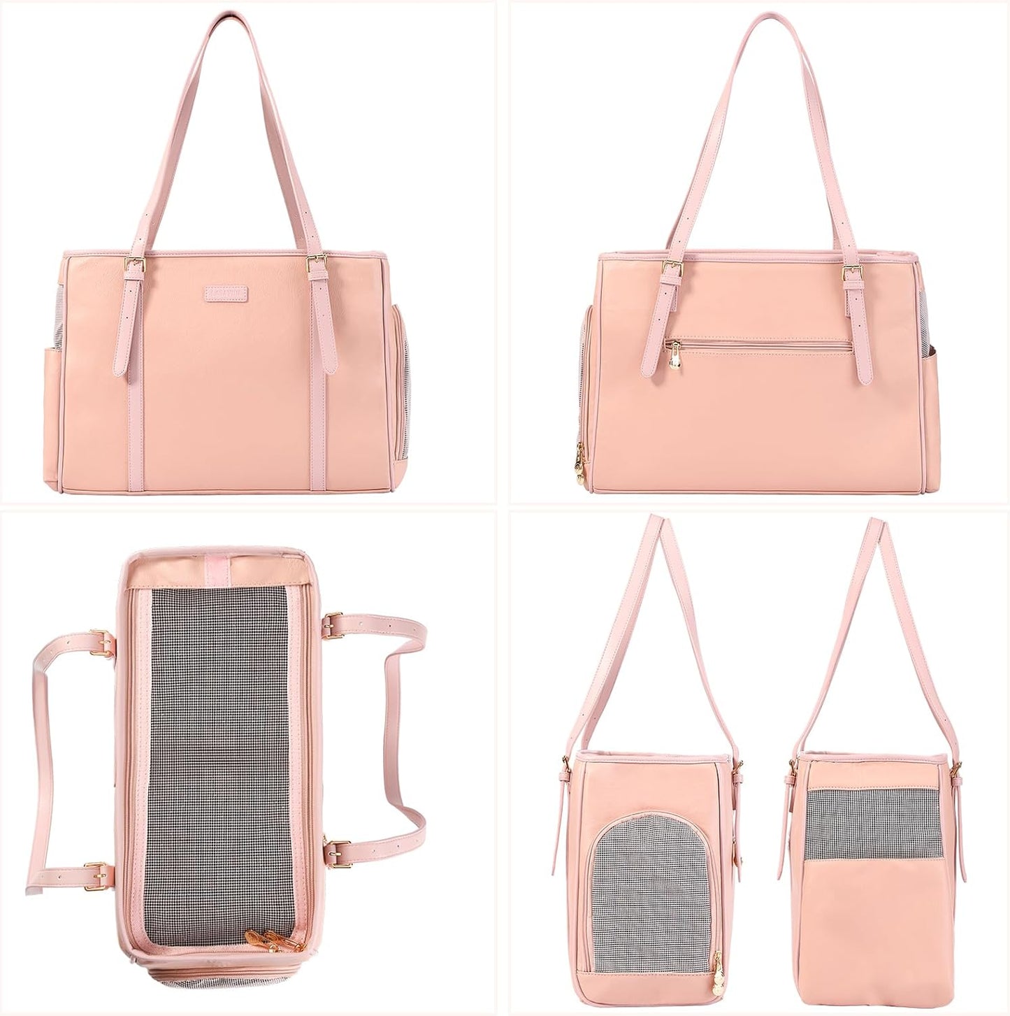 Fashion Dog Purse Pet Carrier Leather Bag for Small Dogs Cats Puppy, Portable Tote Bag Airline Approved Soft-Sided Carriers (Pink)