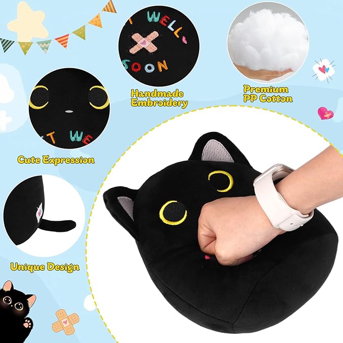 Get Well Cat Plush Toy, Black Cat Get Well Soon Stuffed Animal Gift for Kids Women,Soft Cute Black Huggable Pillow Kawaii Plushies Gift for Girls Boys