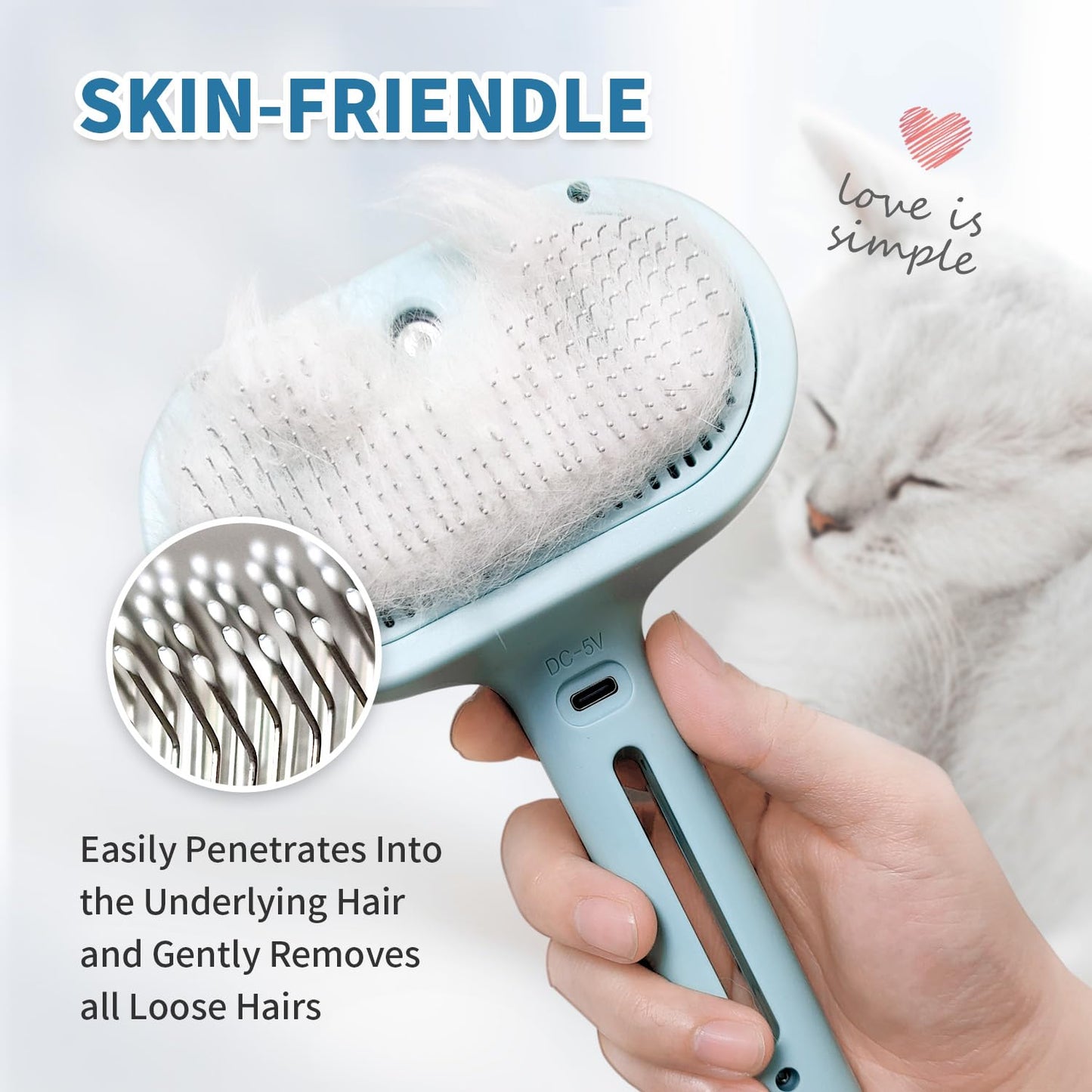 Spray Cat Brush for Shedding, Static & Tangled Hair - Self Cleaning, Long & Short Hair Pets Grooming Brush (Blue)