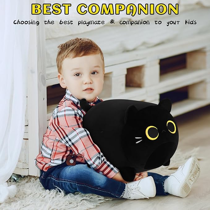 Cute Soft Plush Cat Plushie - 11.8'' Black Cat Stuffed Animal, Cat Plush Pillow for Kids, Girls & Boys