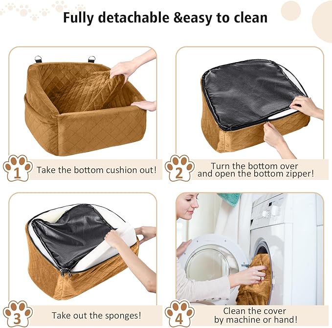 Dog Car Seat for Small Medium Dogs,Detachable Washable Dog Booster Seat Under 30lbs,Pet Car Seat Travel Bed with Storage Pockets and Dog Safety Belt（Brown