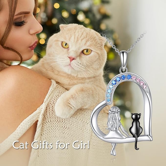 LUHE Cat Necklace Gifts 925 Sterling Silver Black Cat Heart Pendant Necklace Jewelry for Women Daughter