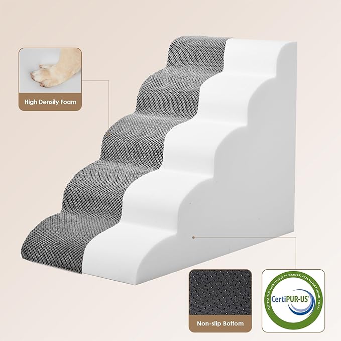 EHEYCIGA Curved Dog Stairs Ramp for High Beds 22.6" H, 5-Step Dog Steps for Small Dogs and Cats, Pet Stairs for High Bed Climbing, Non-Slip Balanced Pet Step Indoor, Grey