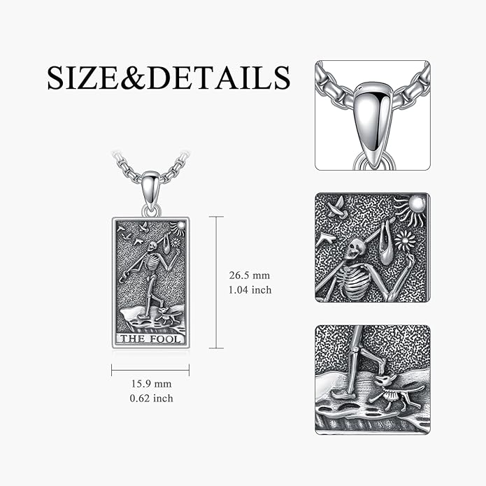 PELOVNY Tarot Card Necklace 925 Sterling Silver Skeleton Necklace The Sun Moon Star Strength Lovers Death Devil Fool Tarot Jewelry Christmas Birthday Gifts for Men Women Unisex