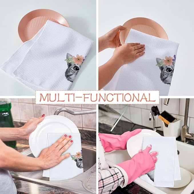 Cute Cat Kitchen Dish Towels Set of 2 Cats Decoration for Cat Lovers Cat Kitchen Accessories Cat Mom Gifts for Women Cute Towels Decorative Set for Kitchen & Bathroom 16×24 Inch