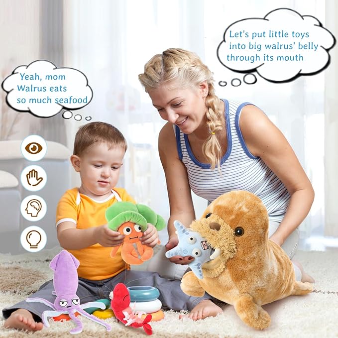 MorisMos 5Pcs Walrus Stuffed Animal Set,18'' Big Walrus Plush Toy with Crab,Lobster,Squid,Starfish Plushies,Bulk Marine Animal Gifts for Kid Girl Boy Ocean Lover Sea Animal for Birthday Christmas