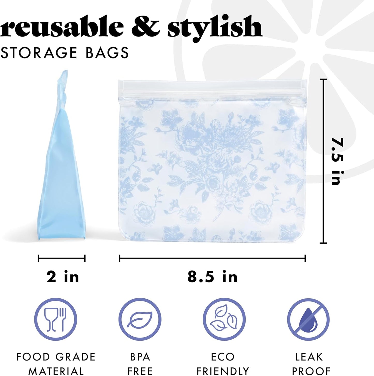 Fit & Fresh Reusable PEVA Storage Bags 3 Pack, Reusable Food Storage Bags, LeakProof, Durable, Sandwich Bags, Freezer Safe, Hand Wash, Easy to Clean, Eco-Friendly, Blue Floral Toile