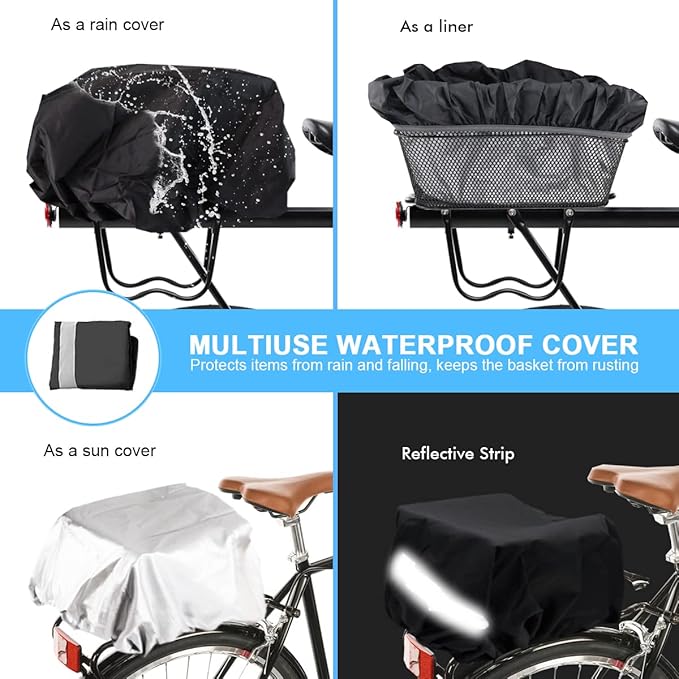 Rear Bike Basket, Tool-Free Install, Dog/Pet Carrier, Ebike Electric Bicycle Back Cargo Basket, Fits Most Rear Racks, with Waterproof Cover, Cargo Net